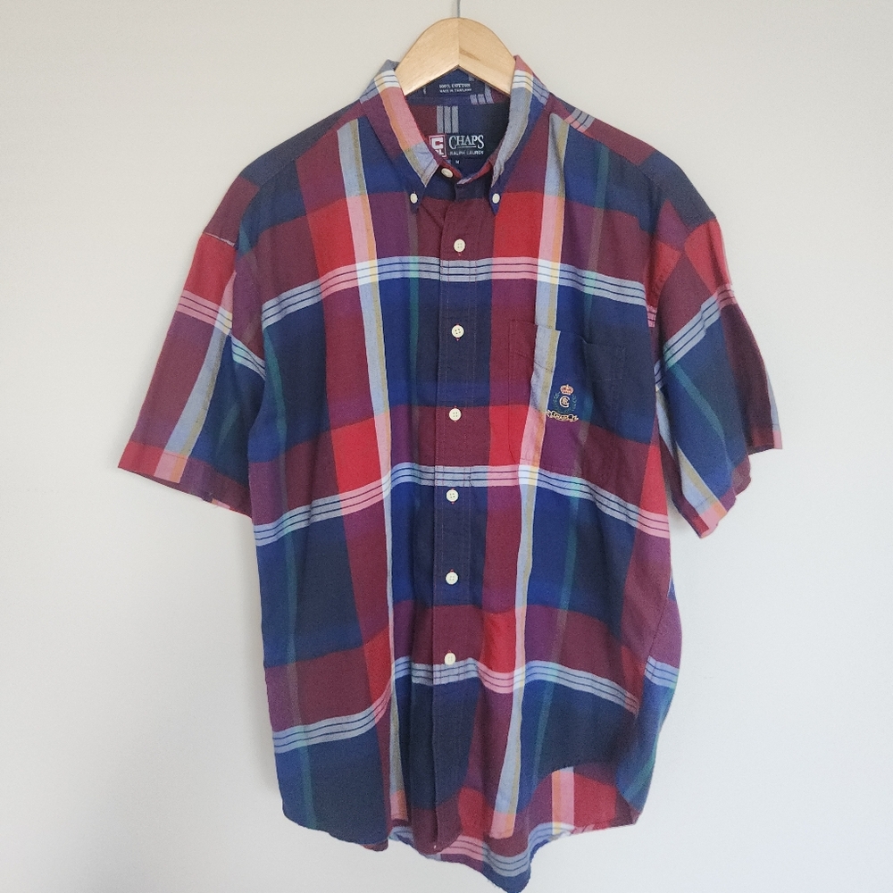 Chaps Ralph Lauren Men’s Plaid Button-Down Shirt Red Blue Short Sleeve